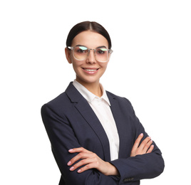 Portrait of young businesswoman on white background