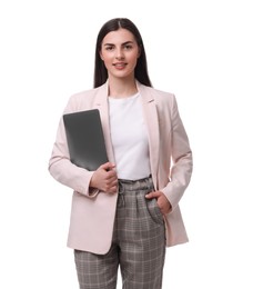 Beautiful businesswoman with laptop on white background