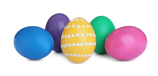 Photo of Colorful eggs on white background. Happy Easter