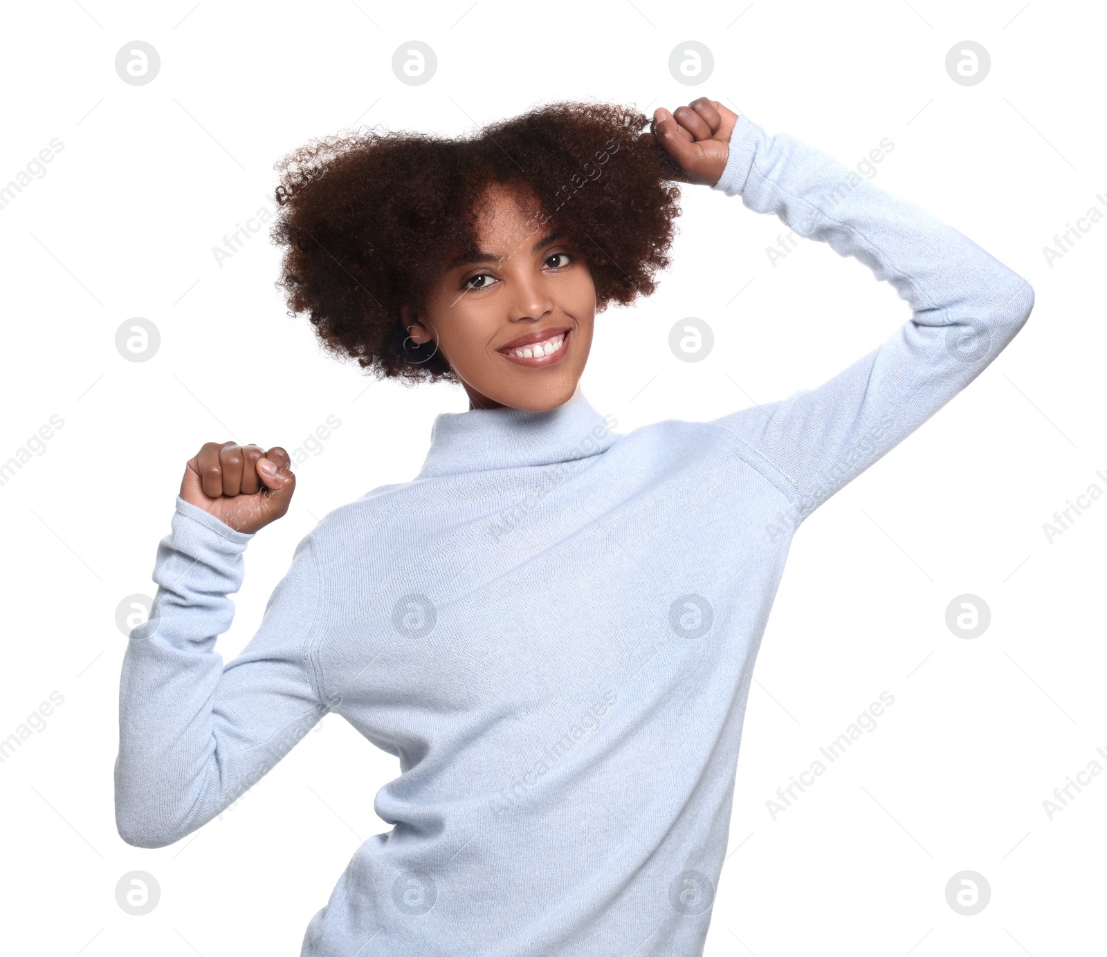 Photo of Portrait of smiling African American woman on white background