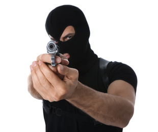 Photo of Professional killer with gun on white background