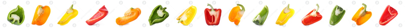 Image of Set of different cut bell peppers on white background. Banner design 