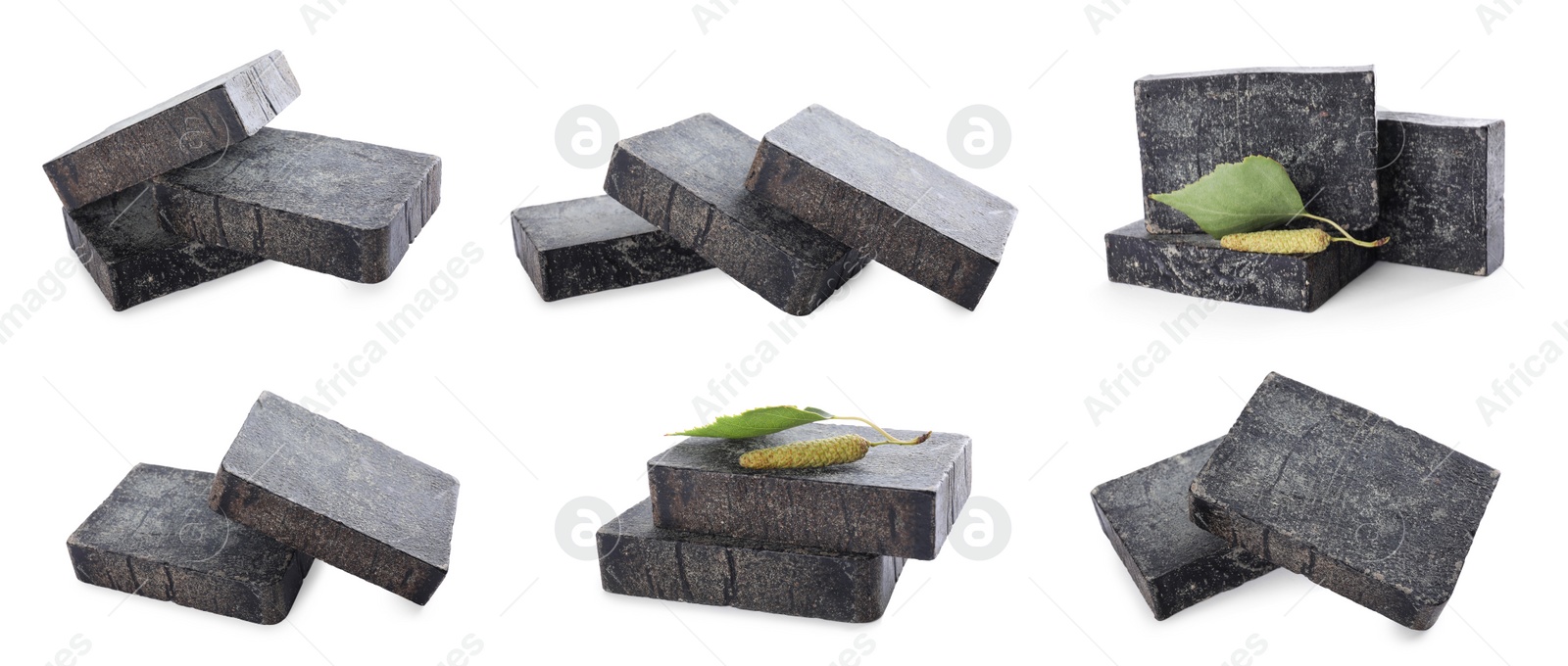 Image of Set with tar soap bars on white background. Banner design