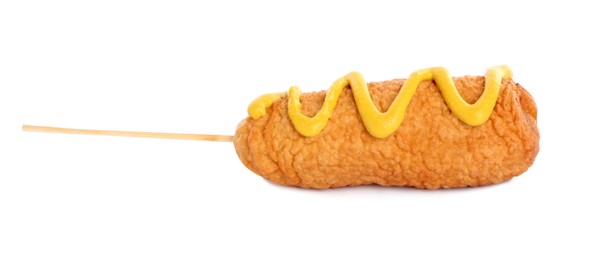 Photo of Delicious deep fried corn dog with mustard isolated on white