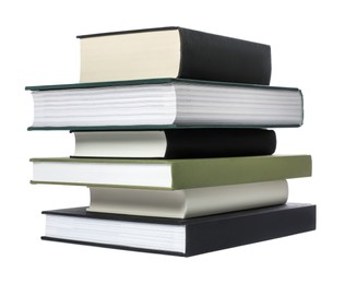 Stack of different hardcover books on white background