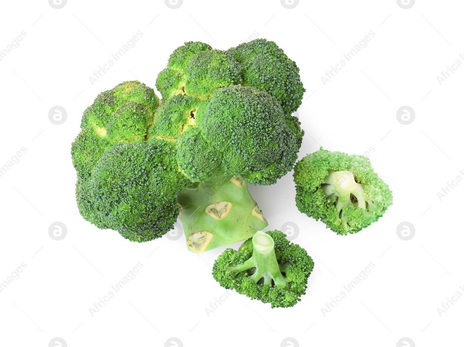 Photo of Fresh raw green broccoli isolated on white, top view