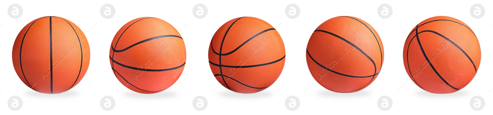 Image of Set with bright basketball balls on white background. Banner design 