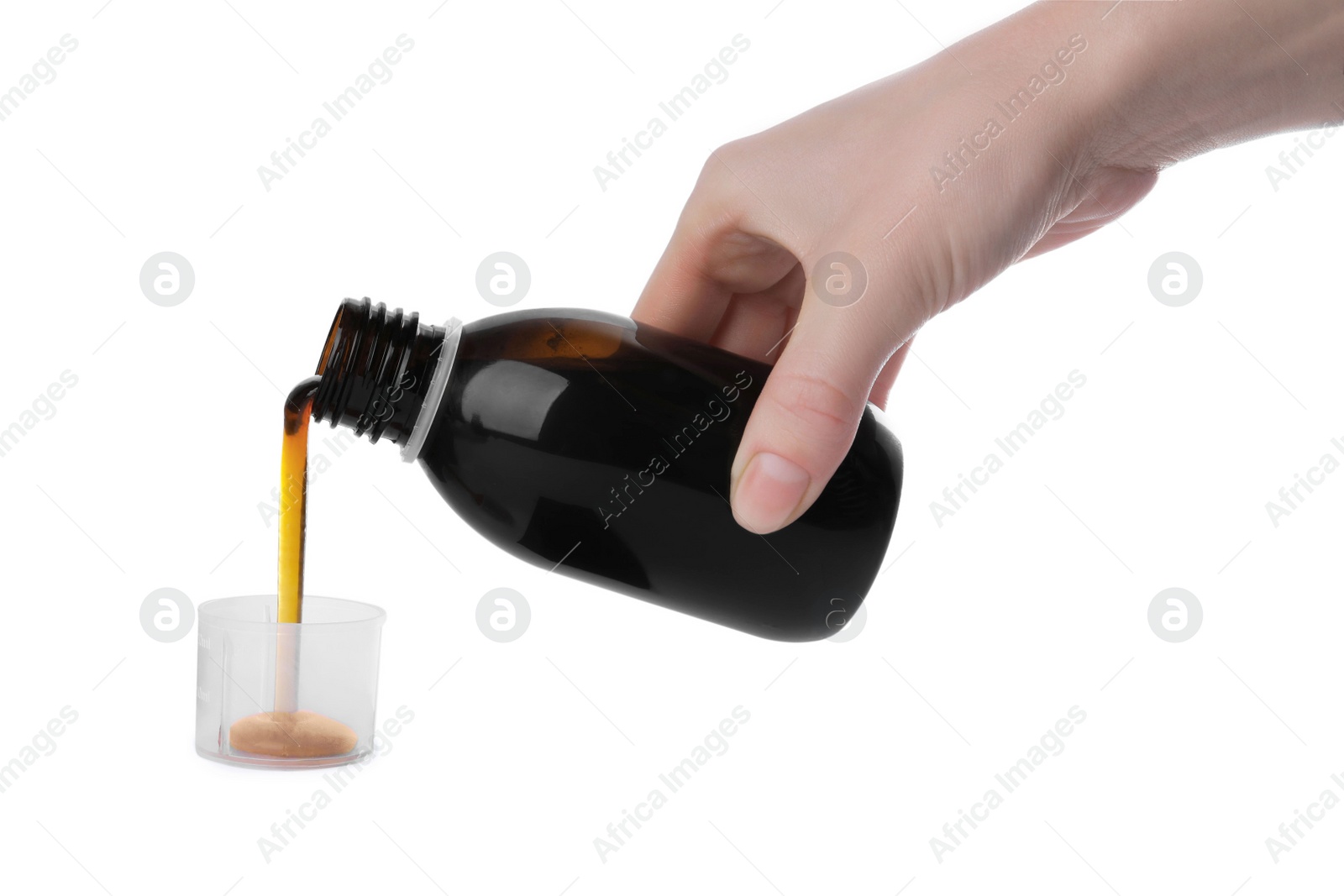 Photo of Woman pouring syrup into measuring cup from bottle isolated on white, closeup. Cough and cold medicine