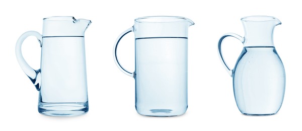 Image of Glass jugs full of water isolated on white, collection