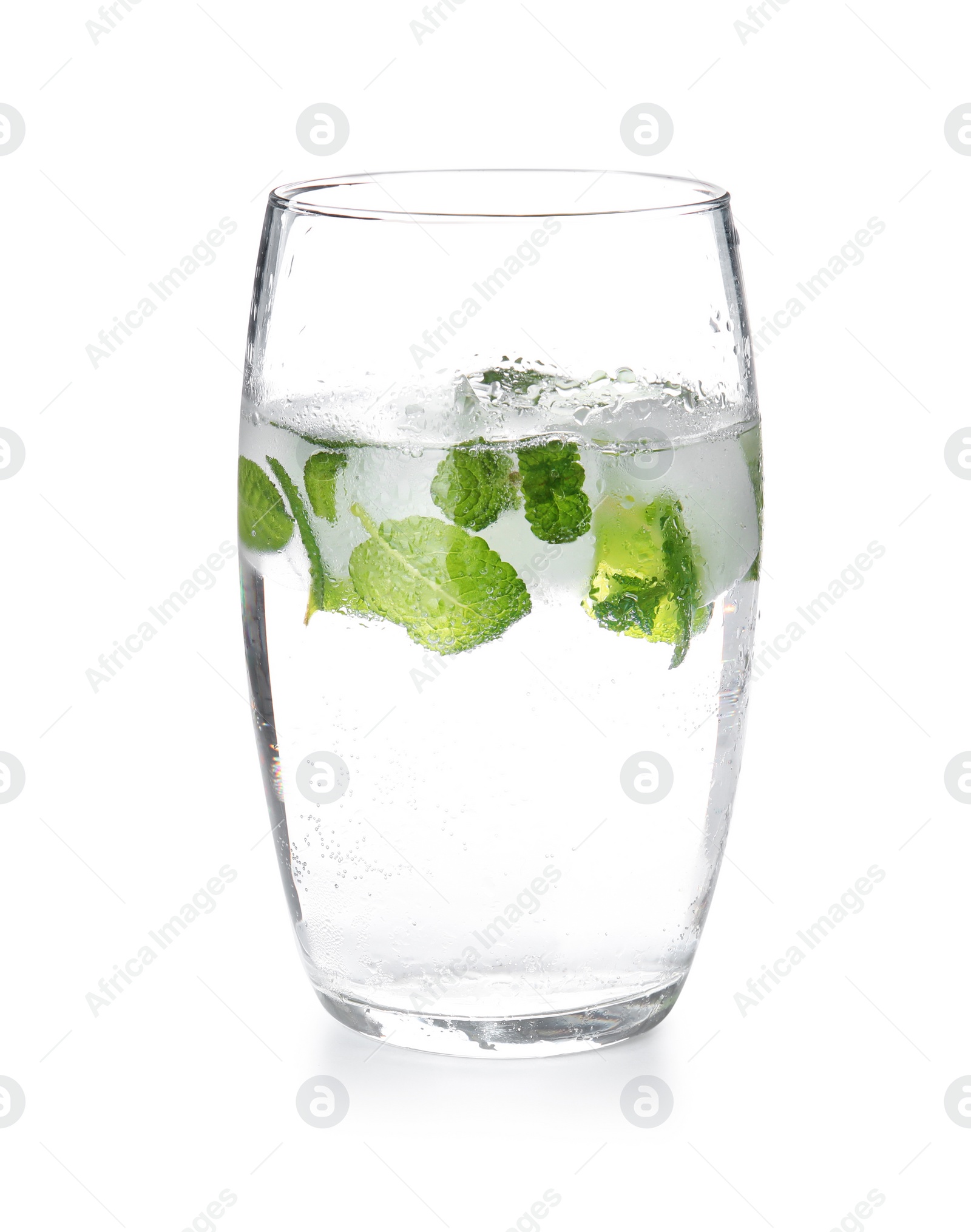 Photo of Glass of drink with mint and ice cubes on white background