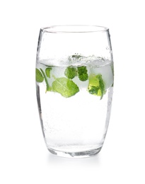 Photo of Glass of drink with mint and ice cubes on white background