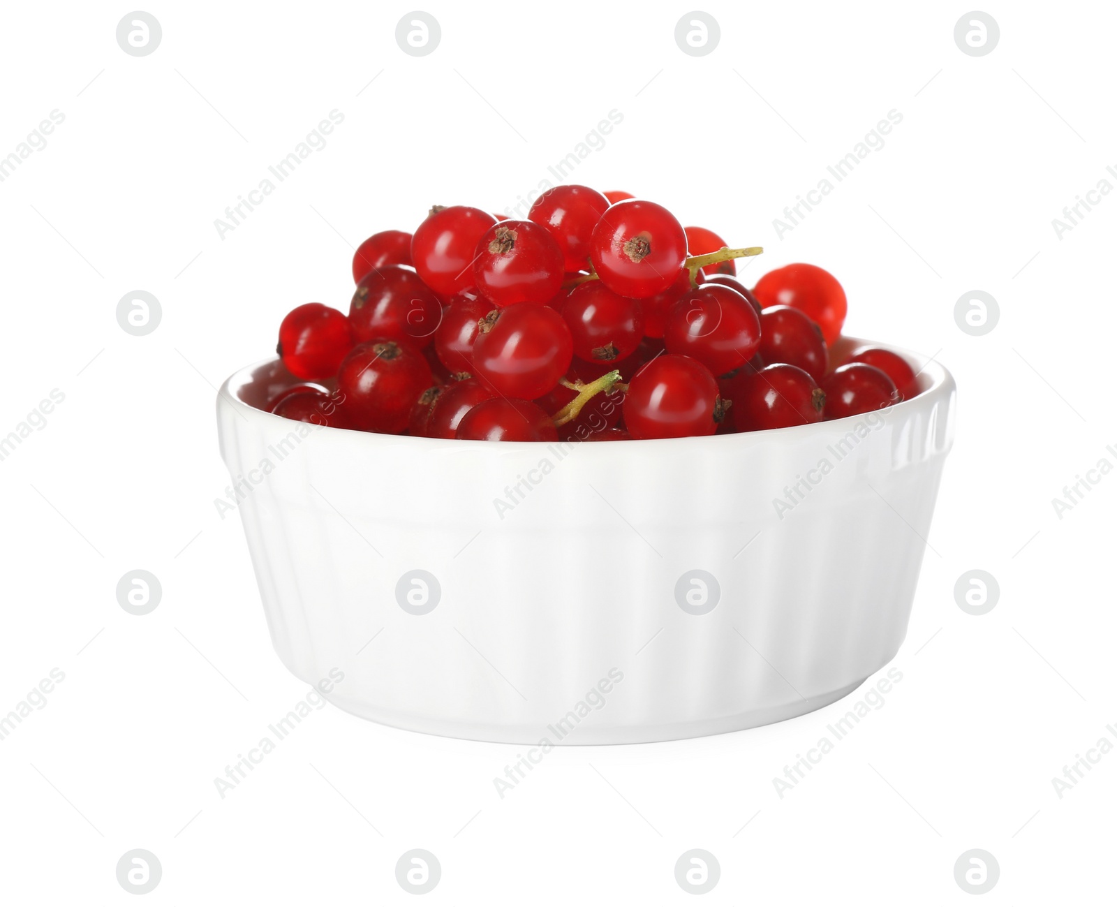 Photo of Delicious ripe red currants in bowl isolated on white