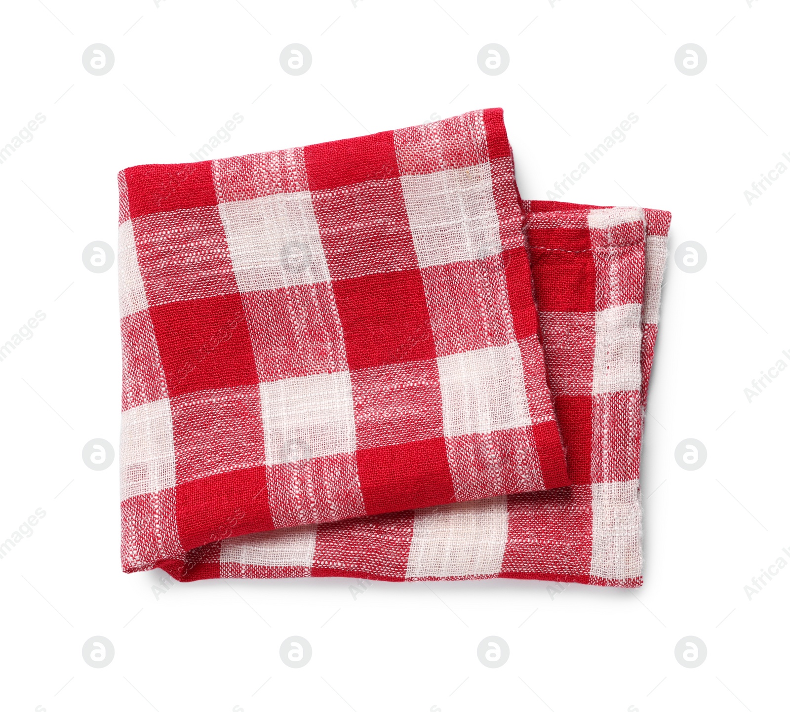 Photo of Red checkered tablecloth on white background, top view