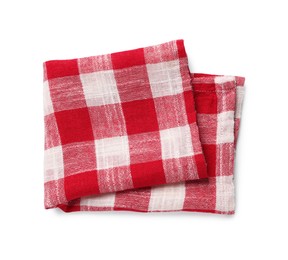 Photo of Red checkered tablecloth on white background, top view