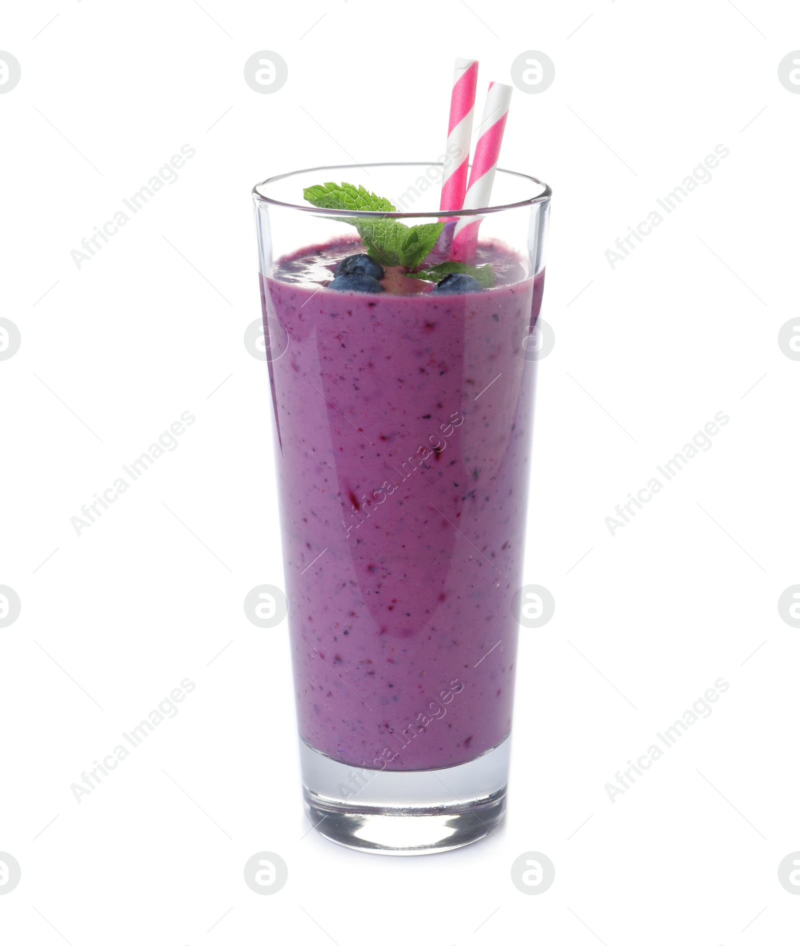 Photo of Glass of delicious blueberry smoothie with mint and straw on white background