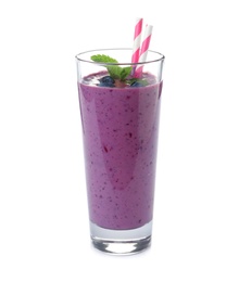 Photo of Glass of delicious blueberry smoothie with mint and straw on white background