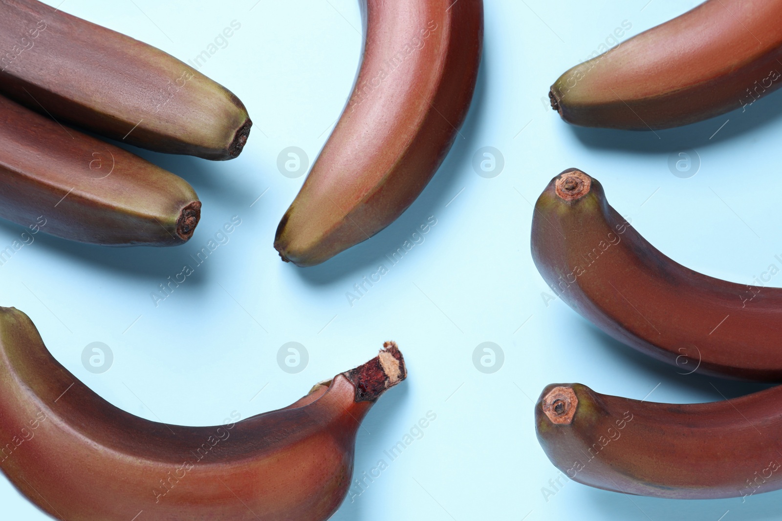 Photo of Tasty red baby bananas on light blue background, flat lay