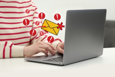 Woman using laptop at table, closeup. Spam message notifications above device, illustration