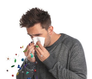Image of Man suffering from cold on white background. Microbes spreading