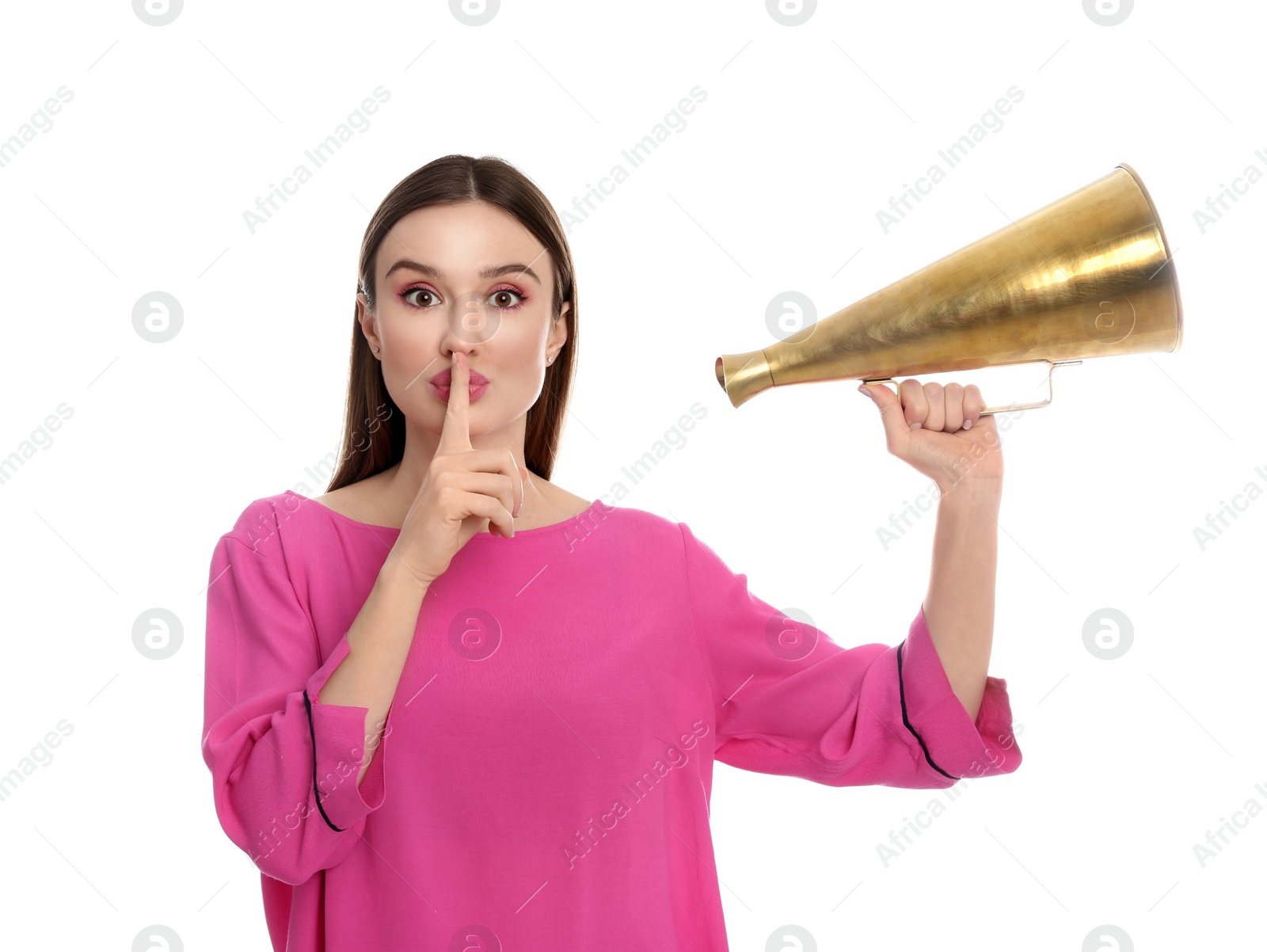 Photo of Young woman with megaphone on white background