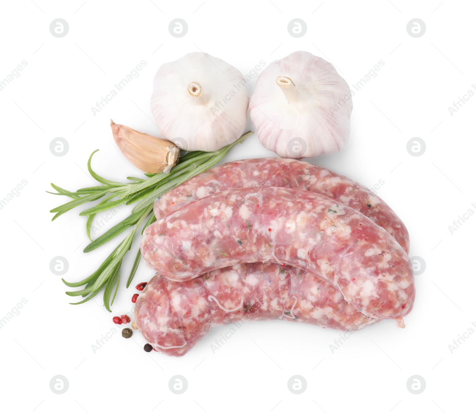 Photo of Raw homemade sausages and different spices isolated on white, top view