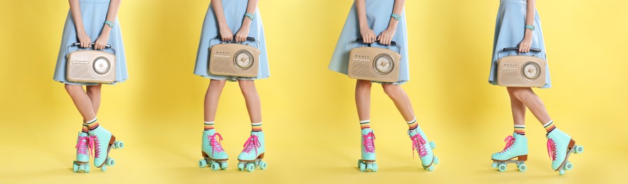 Photos of woman with roller skates and retro radio on yellow background, closeup. Collage banner design
