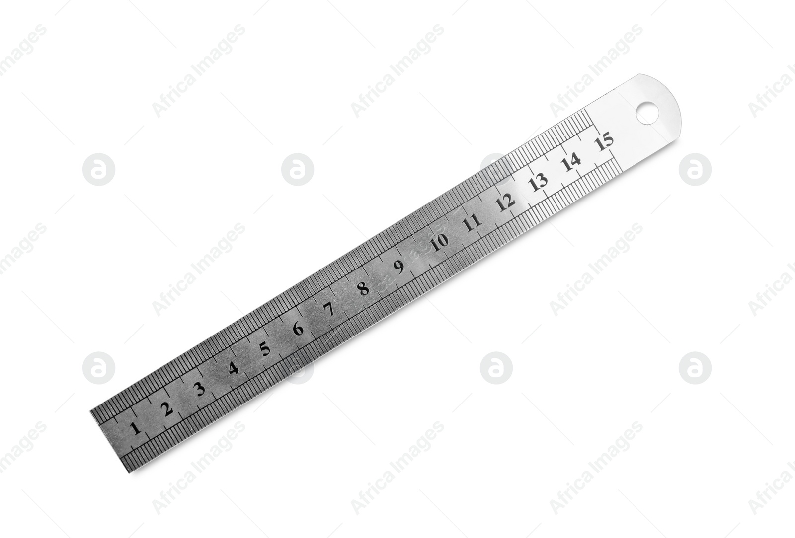 Photo of Metal ruler with measuring length markings in centimeters isolated on white, top view