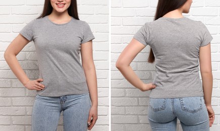 Image of Woman wearing grey t-shirt near white brick wall, back and front view. Mockup for design