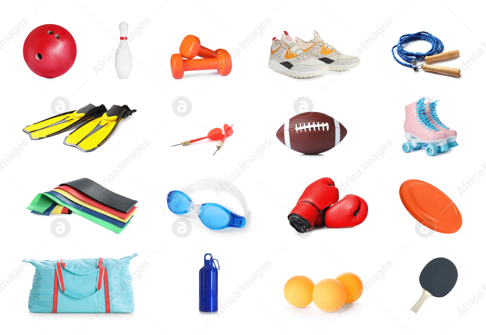 Image of Set with different sports tools on white background 