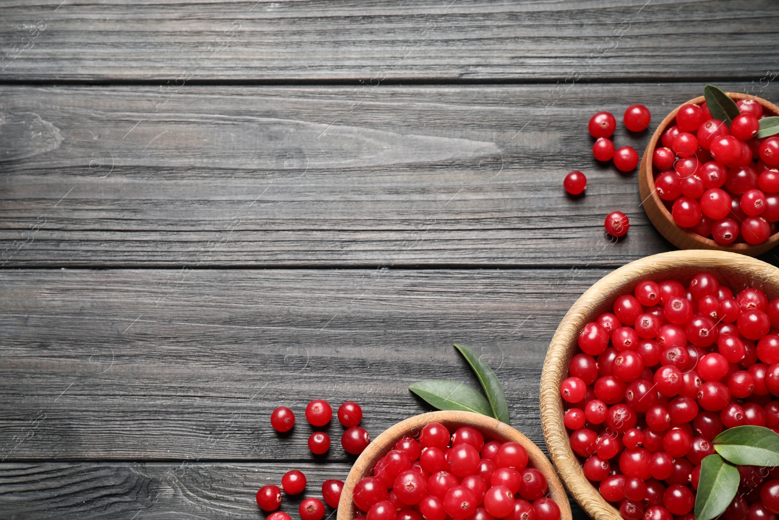 Photo of Ripe fresh cranberry on grey wooden table, flat lay. Space for text