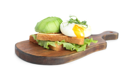 Photo of Delicious poached egg with toasted bread and avocado isolated on white