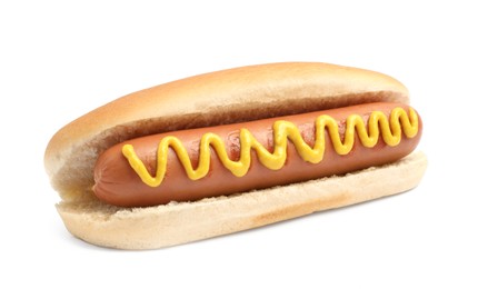Delicious hot dog with mustard on white background