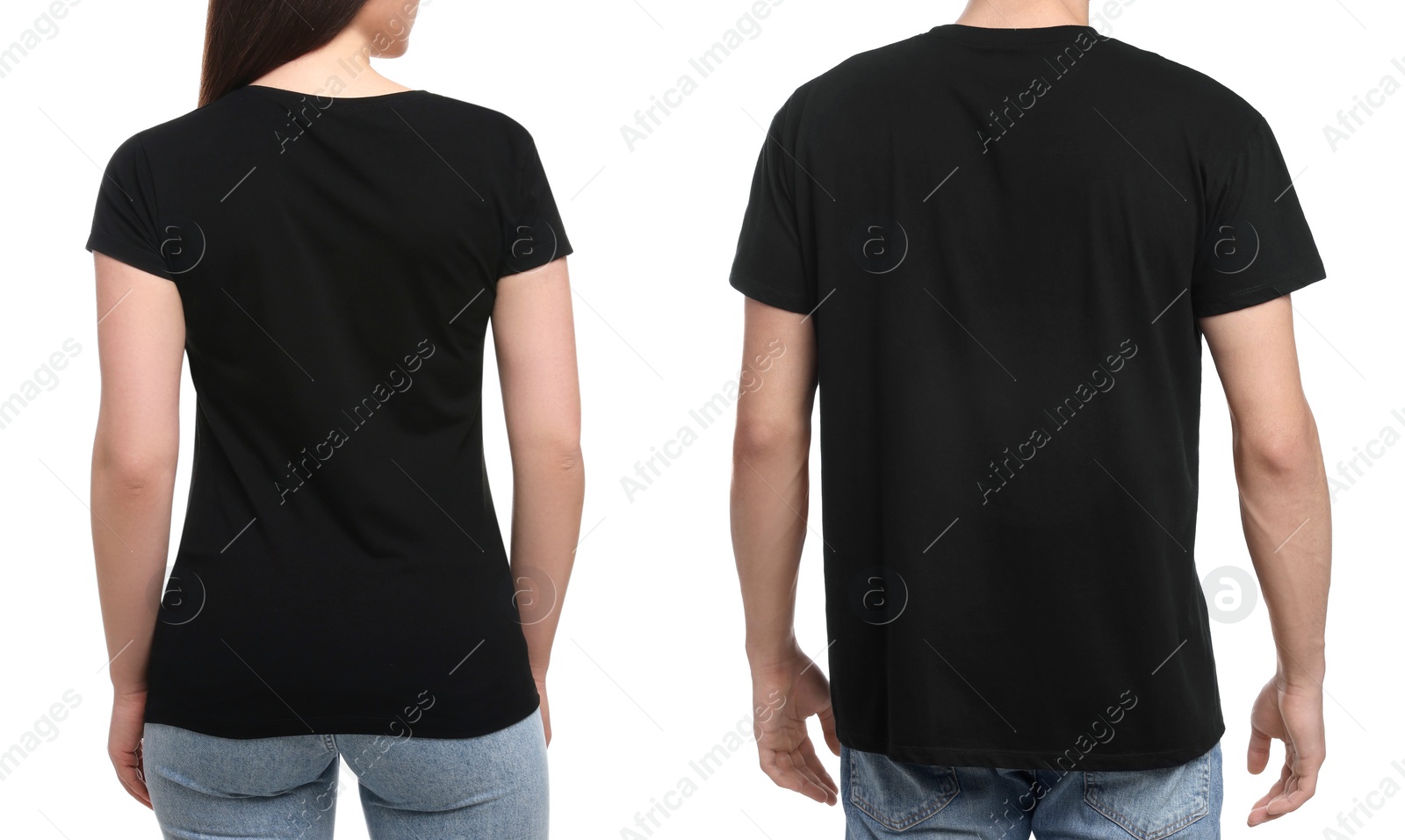 Image of People wearing black t-shirts on white background, back view. Mockup for design