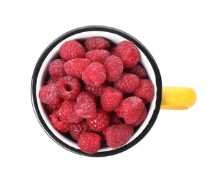 Photo of Mug with ripe raspberries on white background, top view