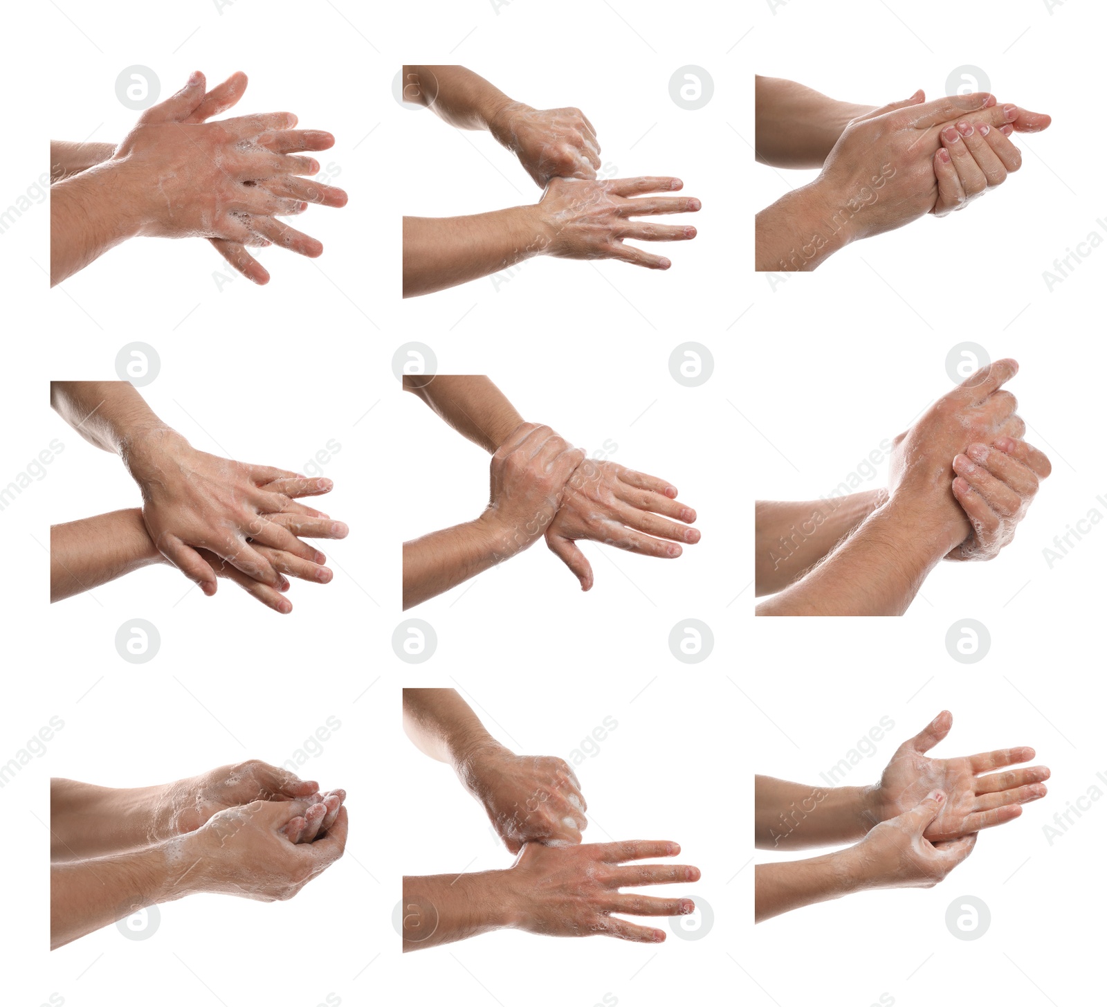 Image of Collage of people washing hands with soap on white background, closeup