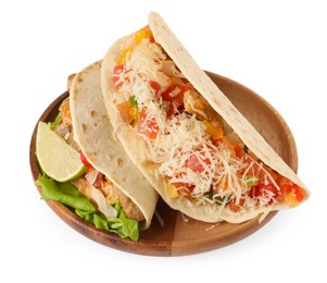 Delicious tacos with meat, vegetables and slice of lime isolated on white