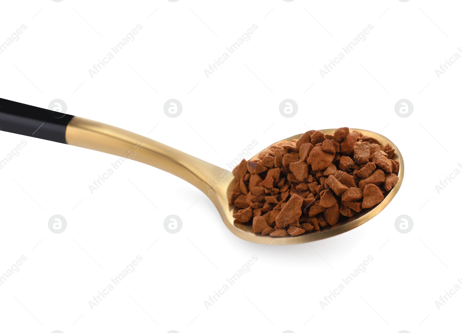 Photo of Spoon with aromatic instant coffee isolated on white