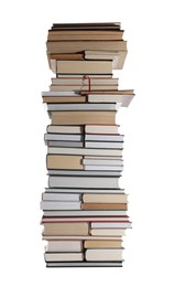 High stack of many different books isolated on white