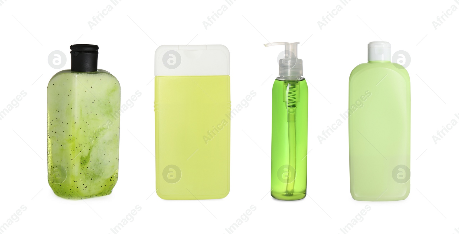 Image of Set with different shower gels on white background. Banner design