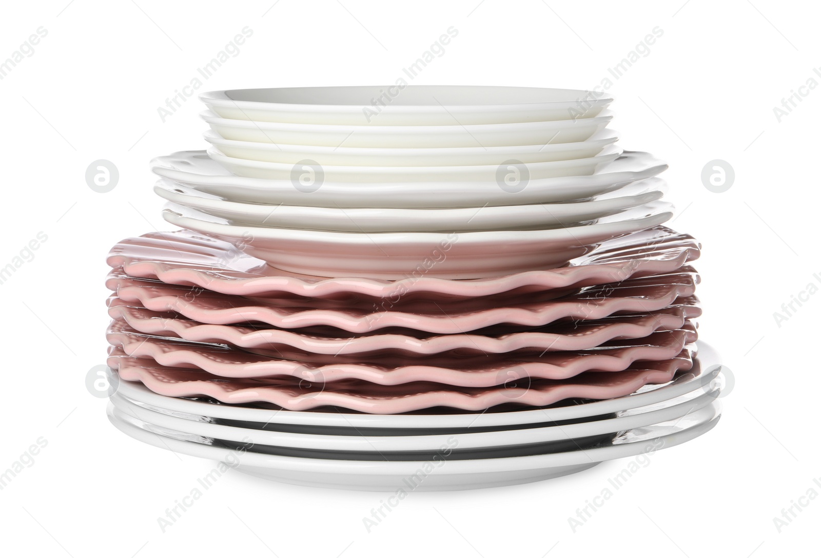 Photo of Stack of beautiful ceramic plates isolated on white