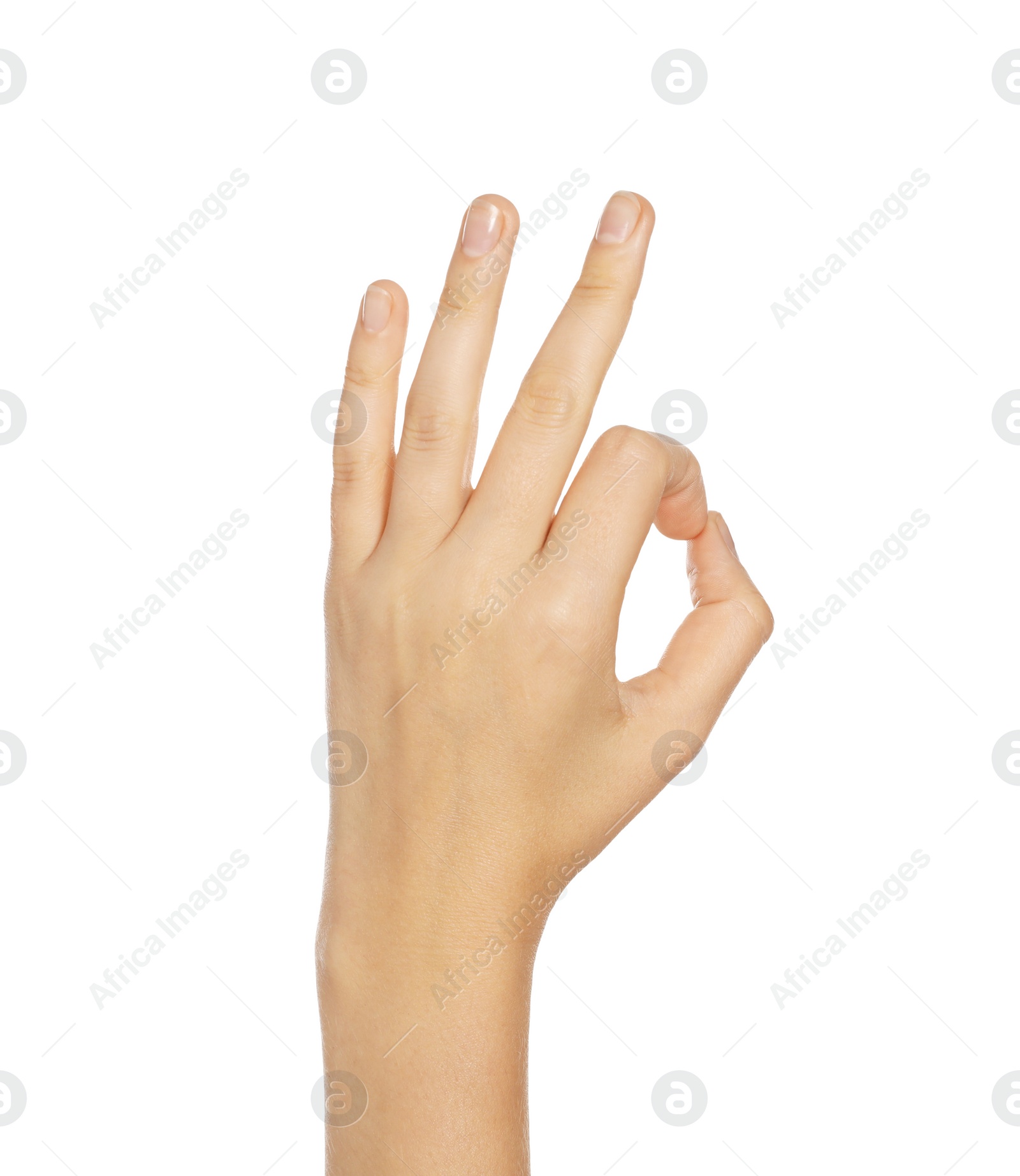 Photo of Woman showing okay gesture on white background, closeup of hand