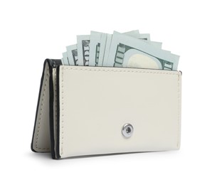 Stylish leather purse with dollar banknotes on white background