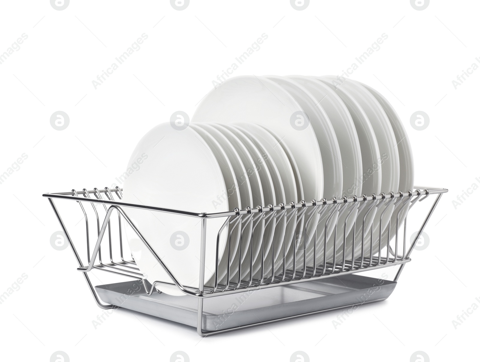 Photo of Rack with clean dishes on white background