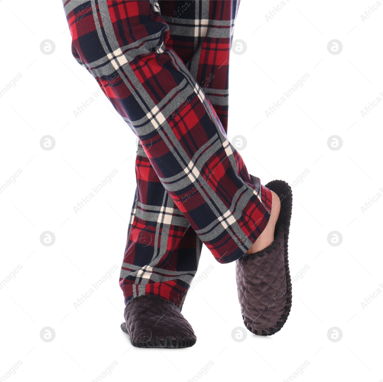 Photo of Man in warm soft slippers on white background, closeup