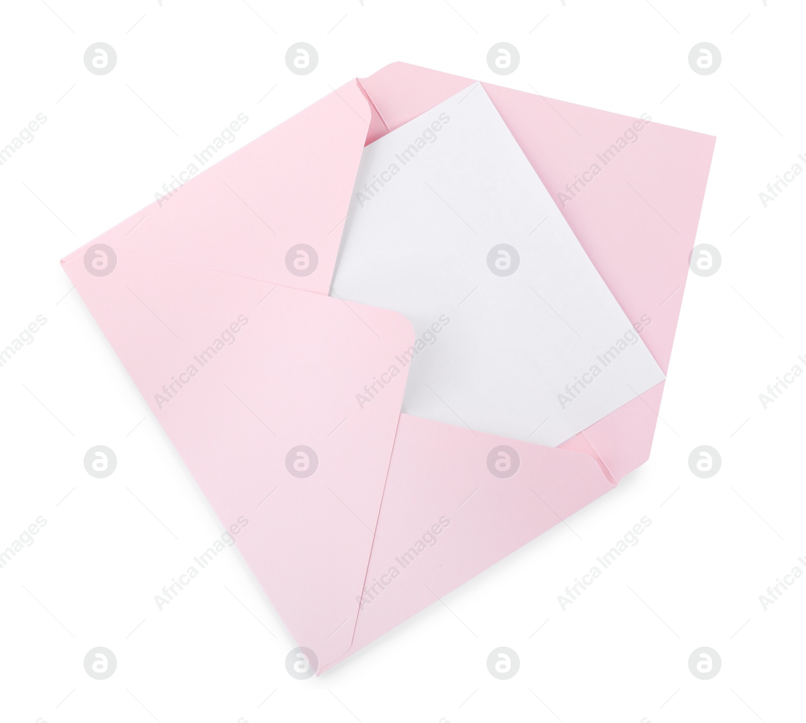 Photo of Pink letter envelope with card isolated on white, top view