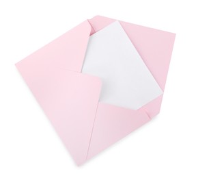 Photo of Pink letter envelope with card isolated on white, top view