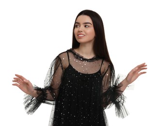 Girl in beautiful dress on white background