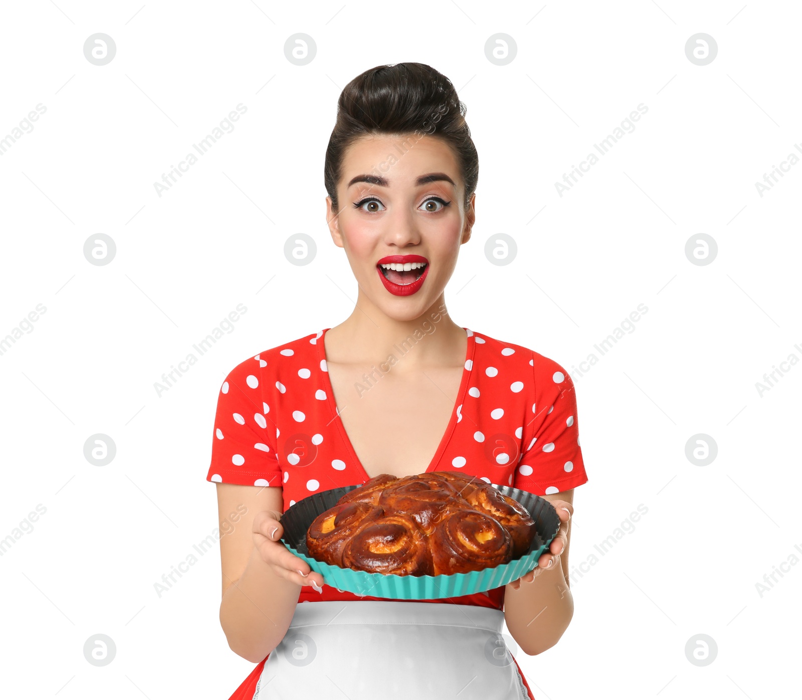 Photo of Funny young housewife with homemade pastry on white background