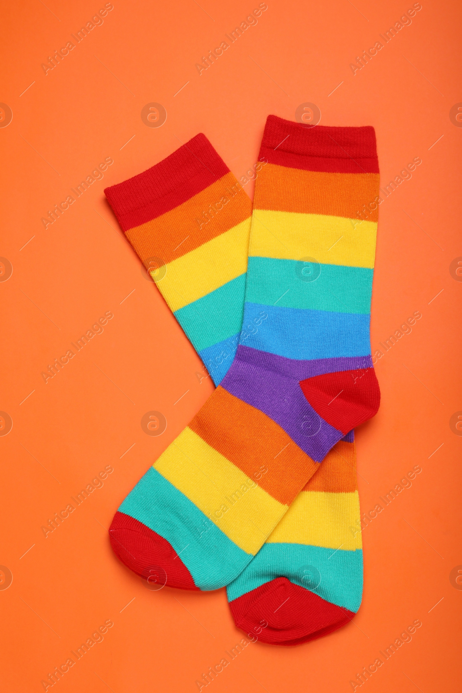 Photo of Rainbow socks on orange background, flat lay. LGBT pride