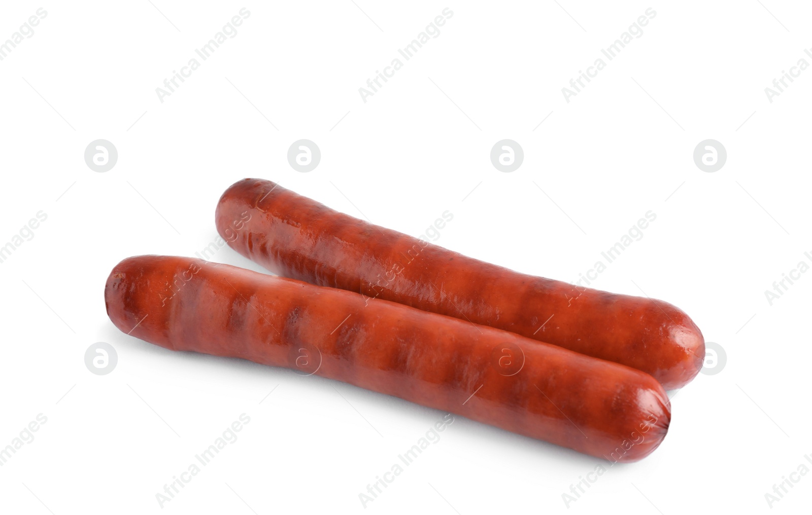 Photo of Delicious grilled sausages on white background. Barbecue food